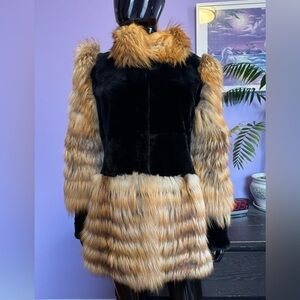 Luxurious Black mouton and red golden fox  Fur Coat